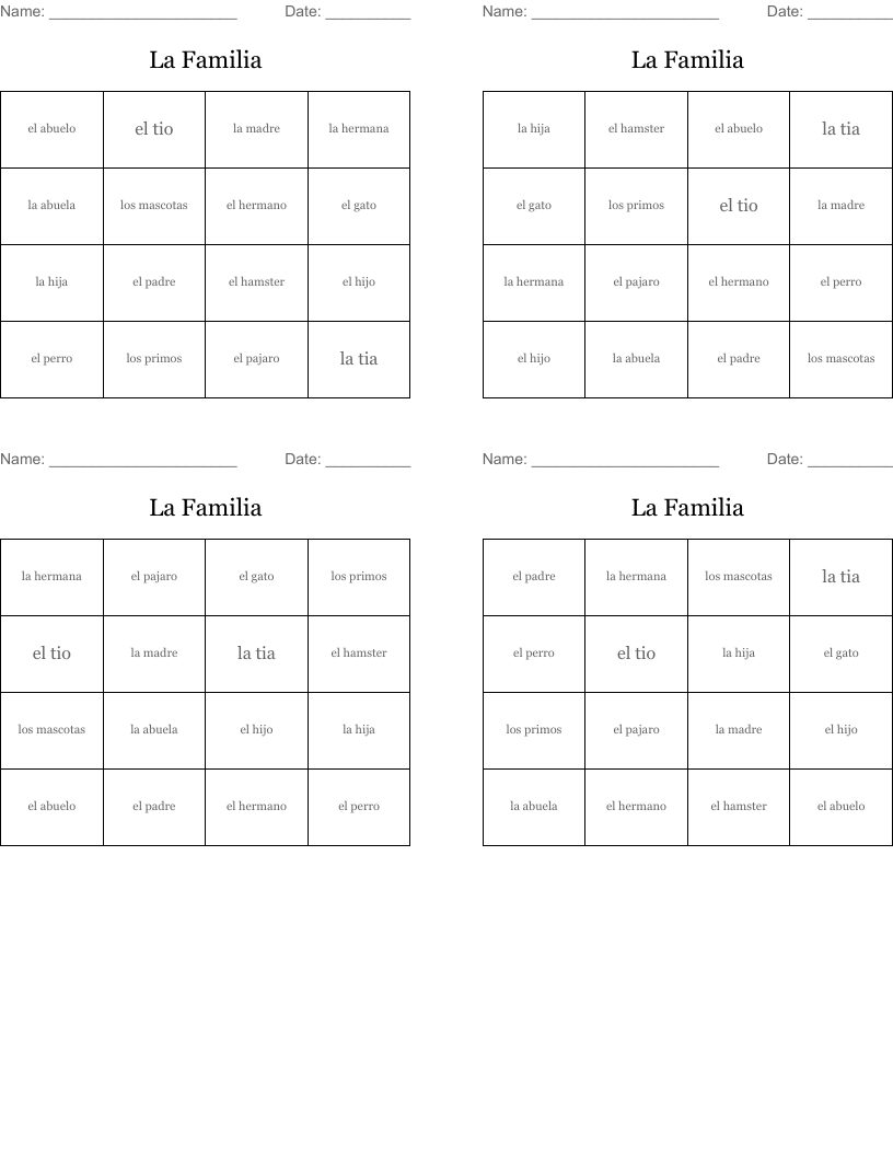 La Familia  Bingo Cards