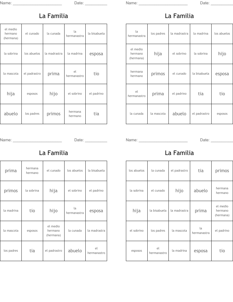 La Familia  Bingo Cards