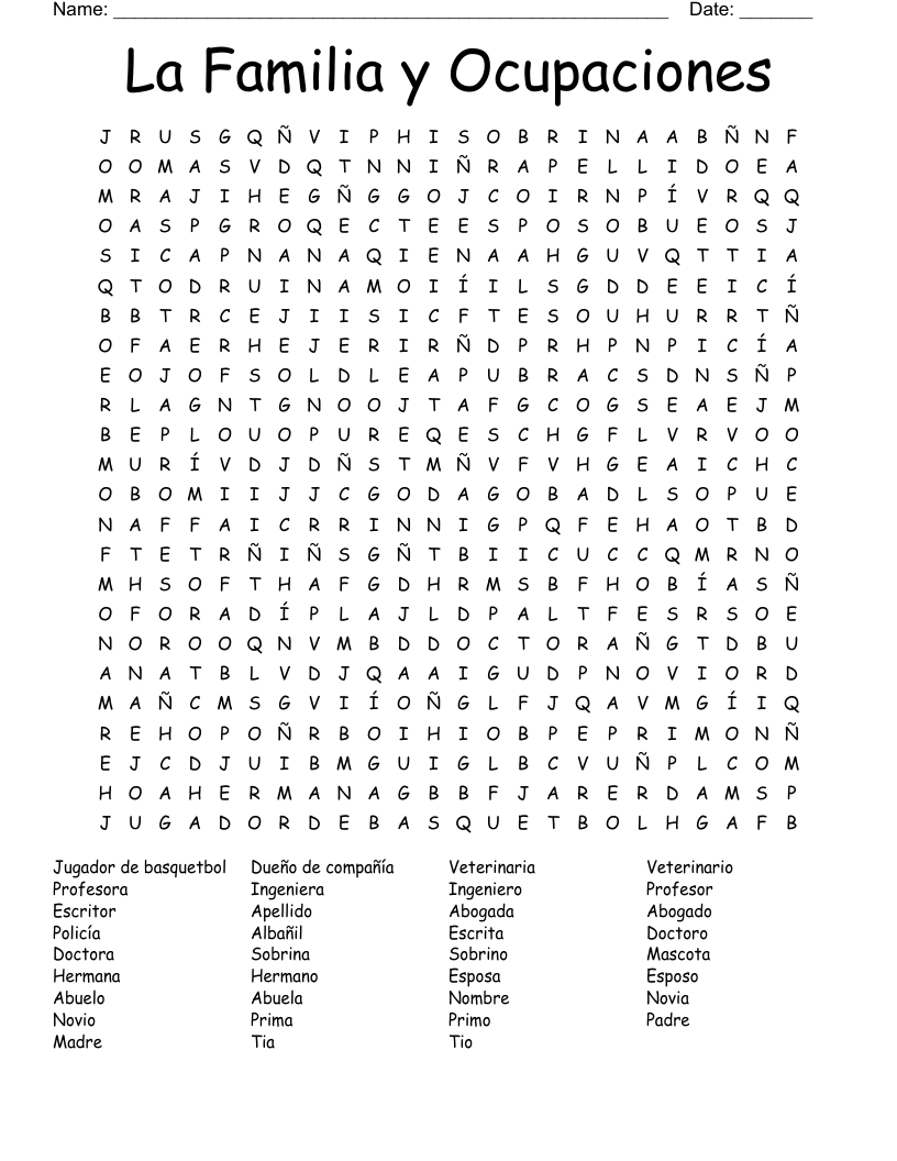 La Familia y Ocupaciones Word Search