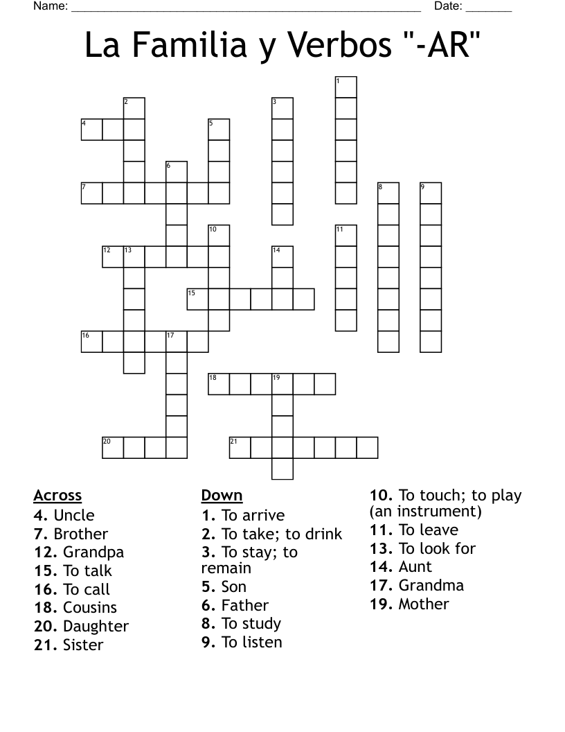 La Familia y Verbos "-AR" Crossword