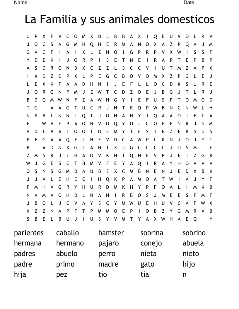 La Familia y sus animales domesticos Word Search