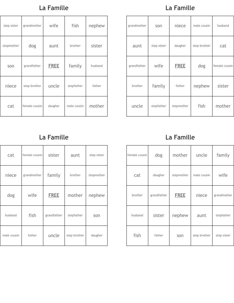 La Famille Bingo Cards
