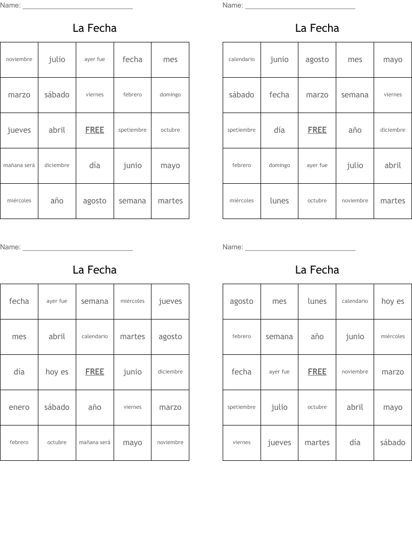 La Fecha Bingo Cards