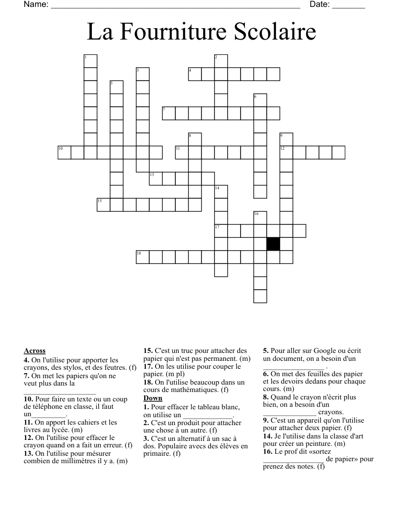 La Fourniture Scolaire Crossword