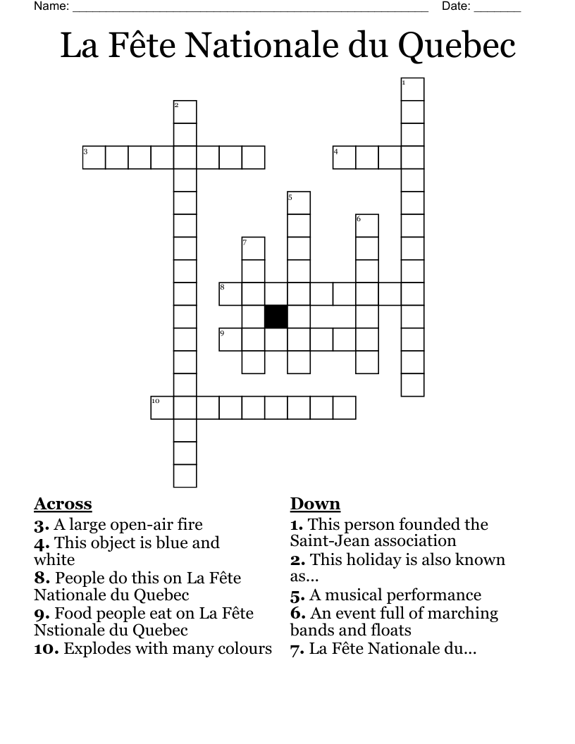 La Fête Nationale du Quebec Crossword