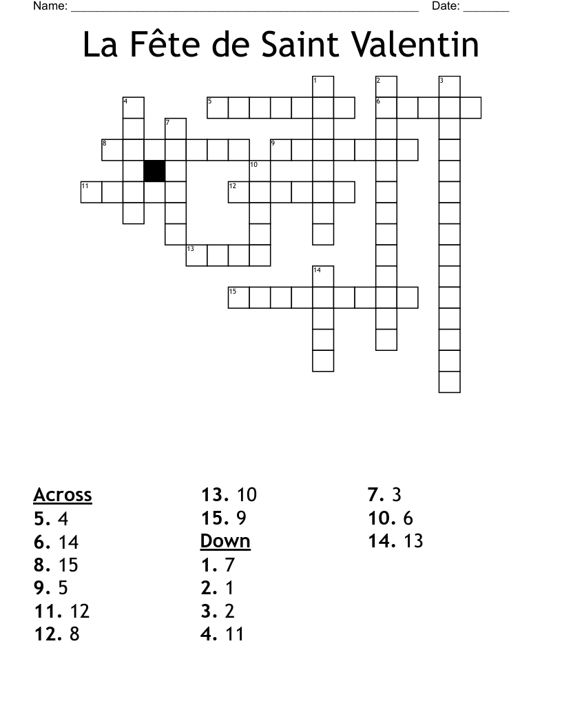 La Fête de Saint Valentin Crossword