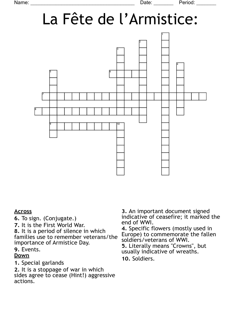 La Fête de l’Armistice:  Crossword