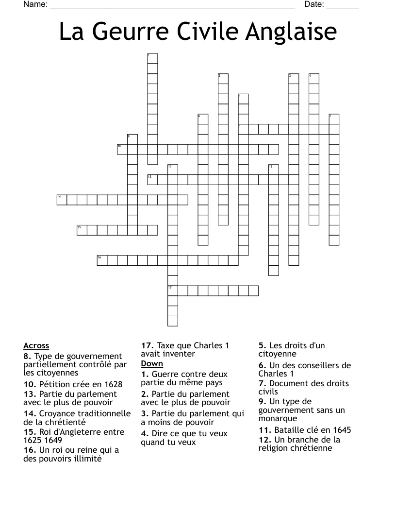 La Geurre Civile Anglaise  Crossword