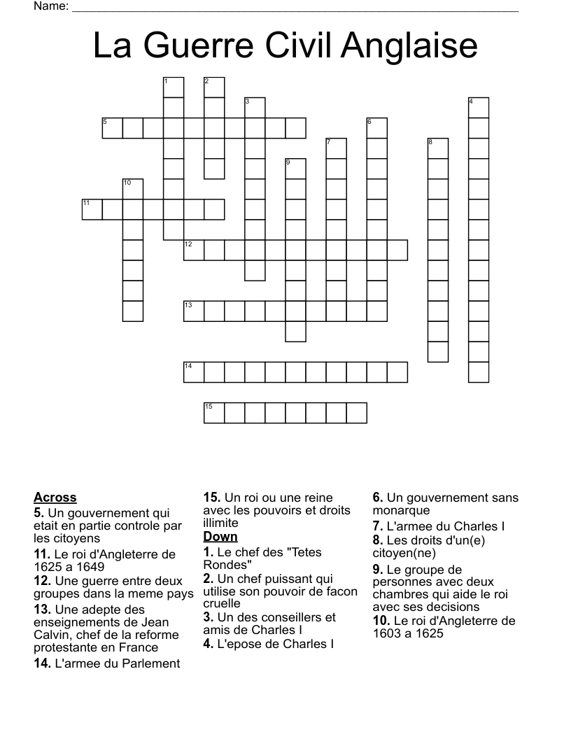 La Guerre Civil Anglaise Crossword
