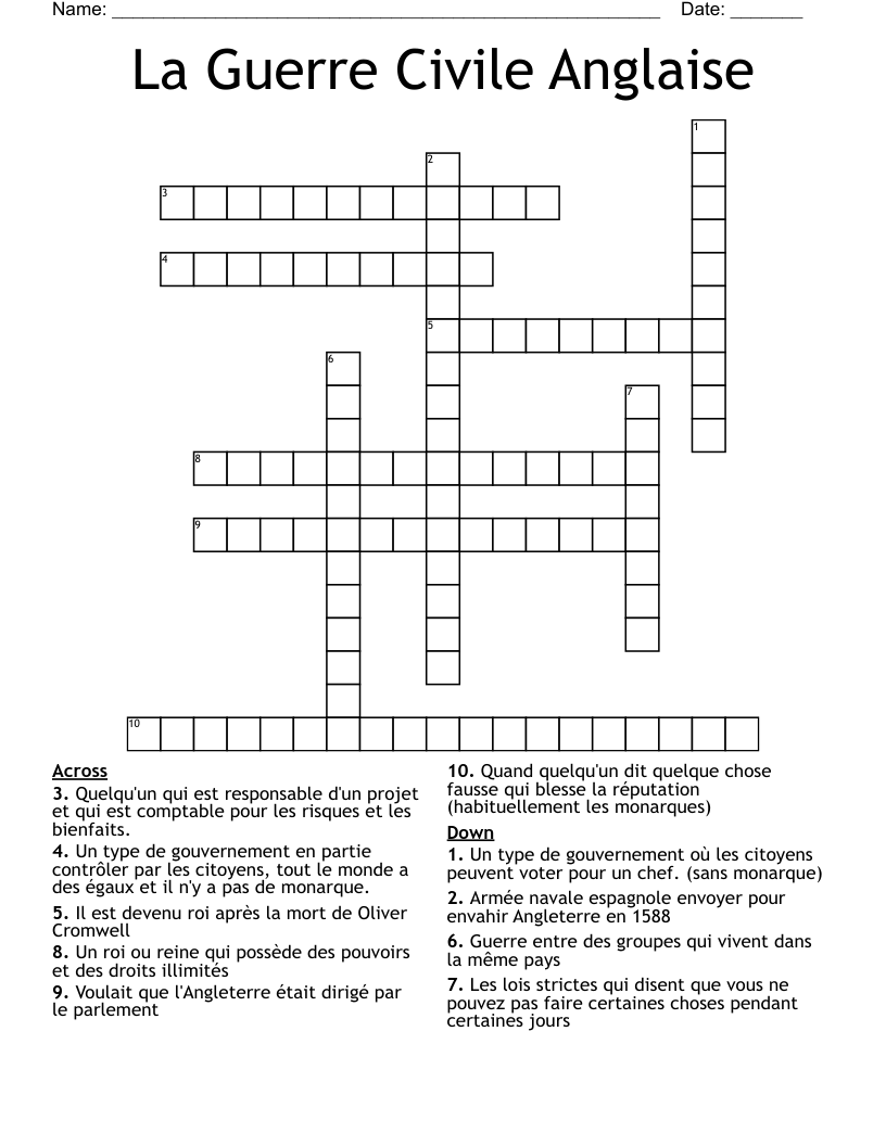 La Guerre Civile Anglaise Crossword