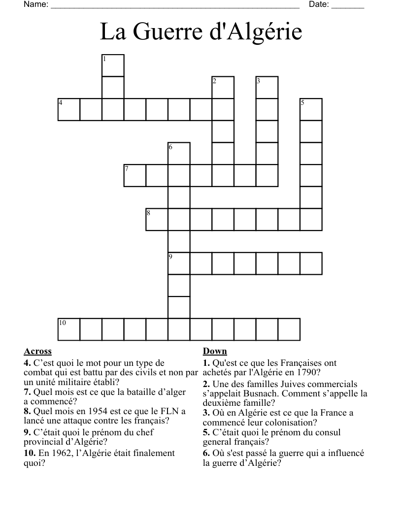 La Guerre d'Algérie Crossword