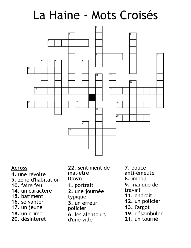 La Haine - Mots Croisés Crossword