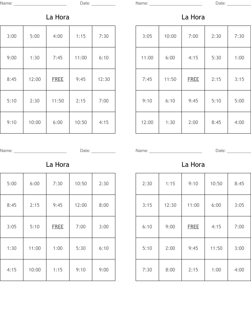 La Hora Bingo Cards