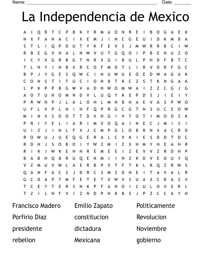 La Independencia de Mexico Word Search