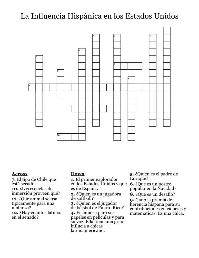 La Influencia Hispánica en los Estados Unidos Crossword