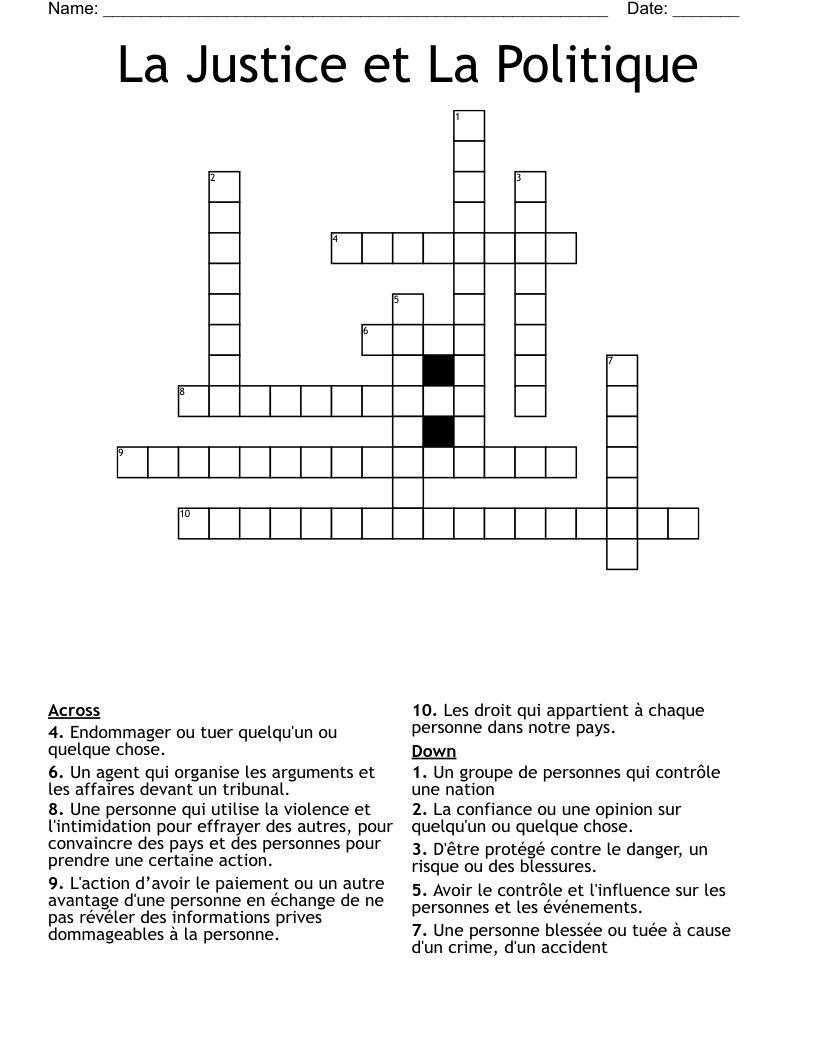 La Justice et La Politique Crossword