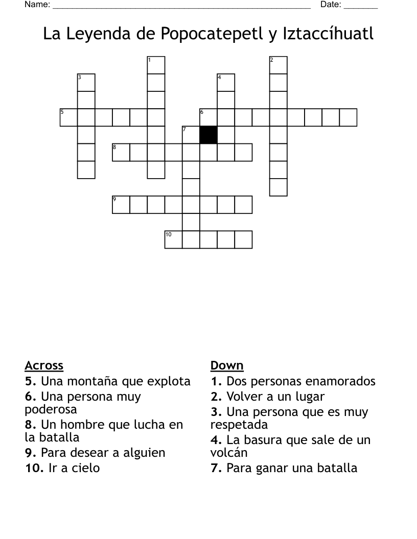 La Leyenda de Popocatepetl y Iztaccíhuatl Crossword