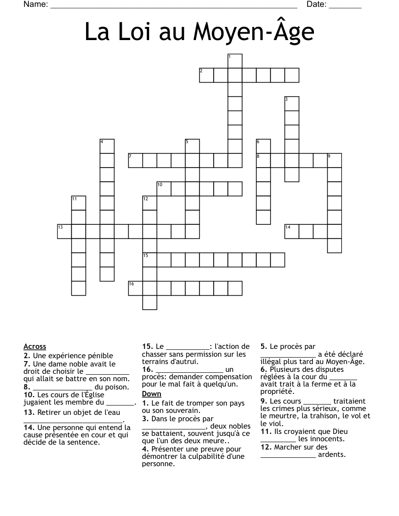 La Loi au Moyen-Âge Crossword