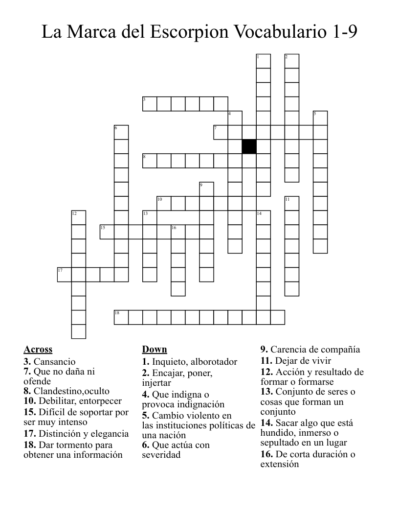 La Marca del Escorpion Vocabulario 1-9 Crossword