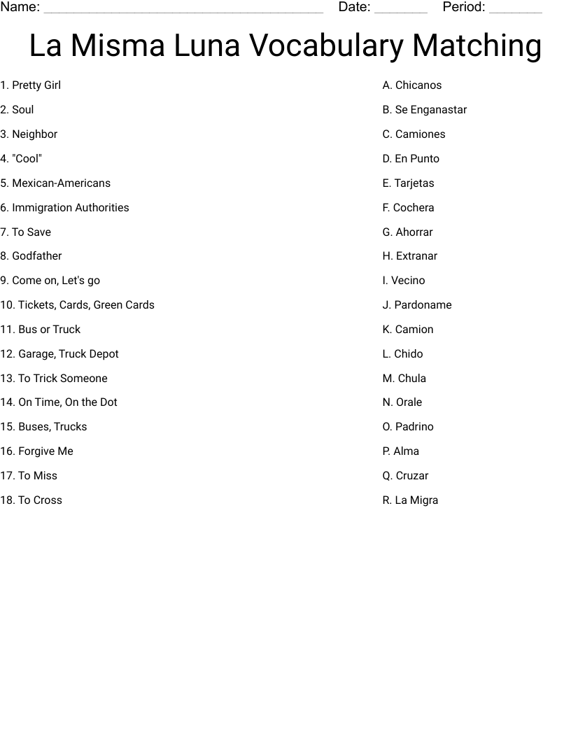 La Misma Luna Vocabulary Matching Worksheet