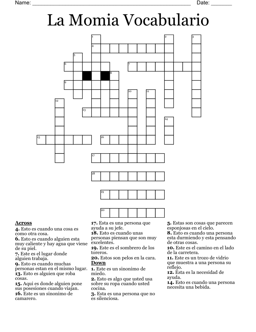 La Momia Vocabulario Crossword