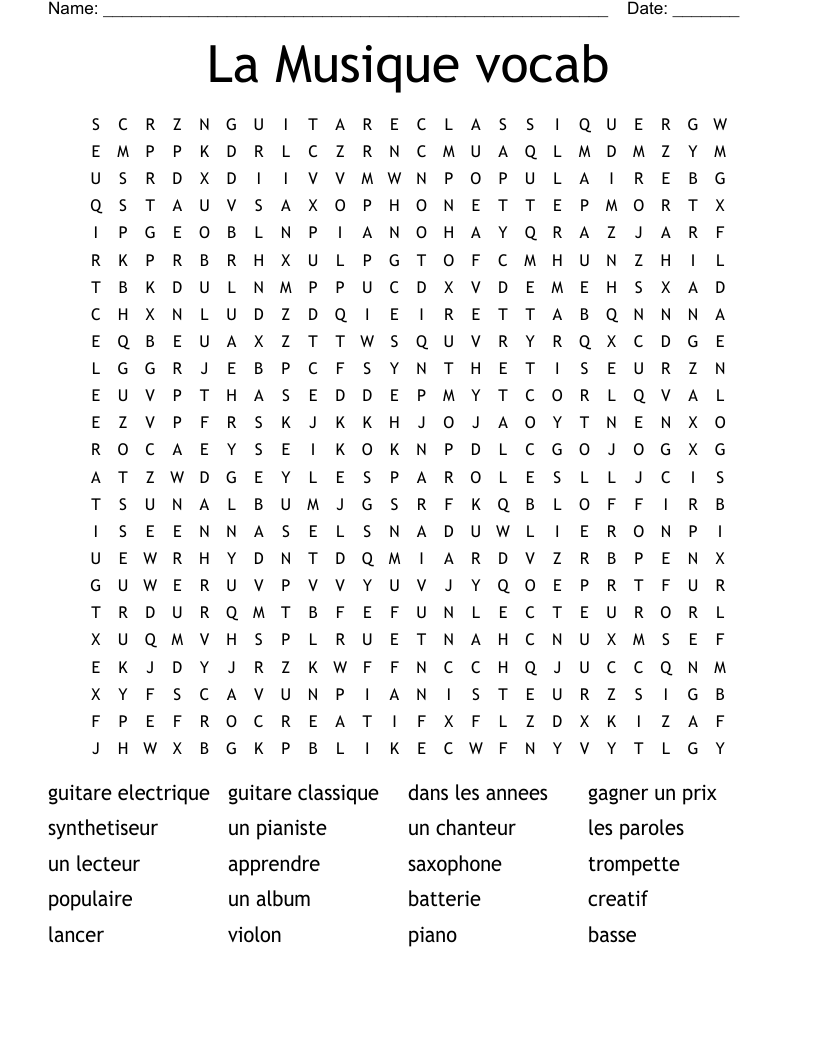 La Musique vocab Word Search