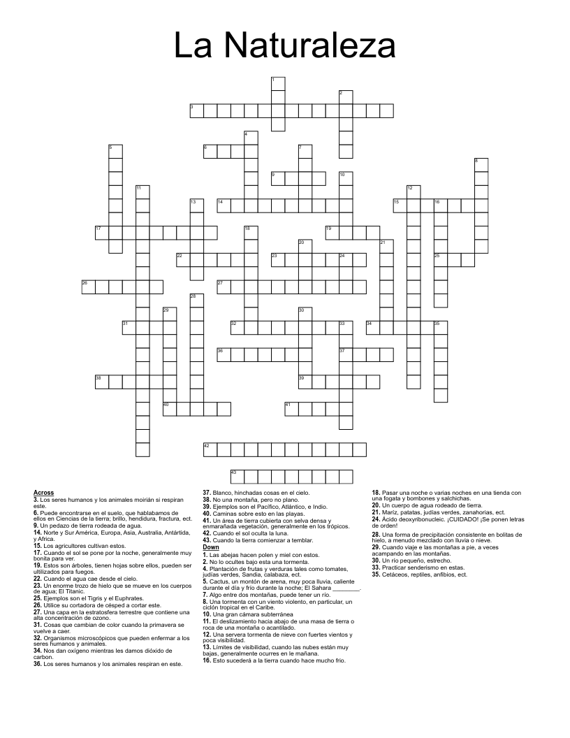 La Naturaleza Crossword
