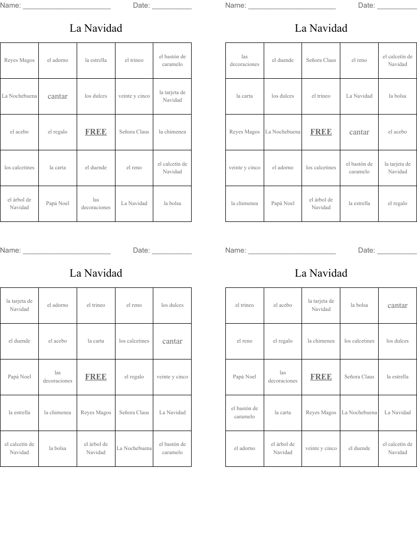 La Navidad Bingo Cards
