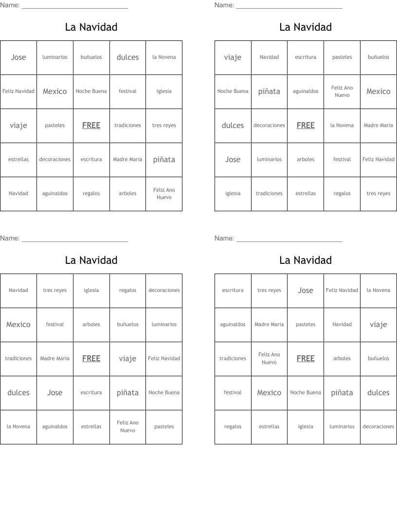 La Navidad Bingo Cards