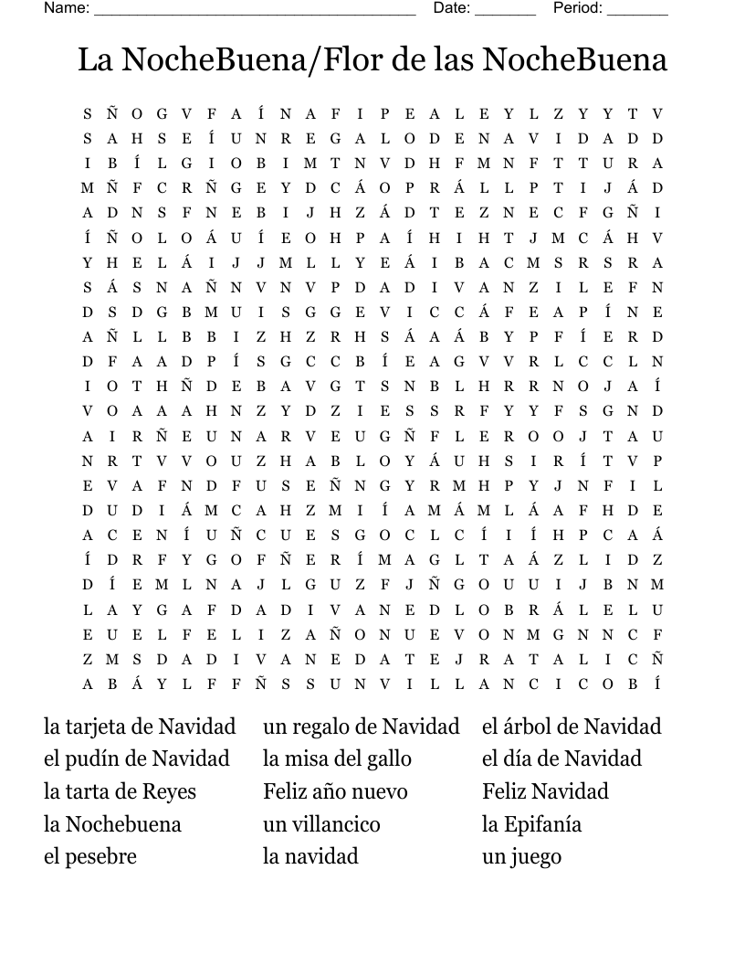 La NocheBuena/Flor de las NocheBuena Word Search