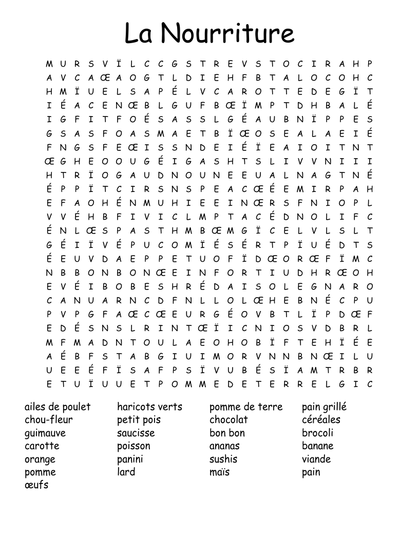 La Nourriture Word Search