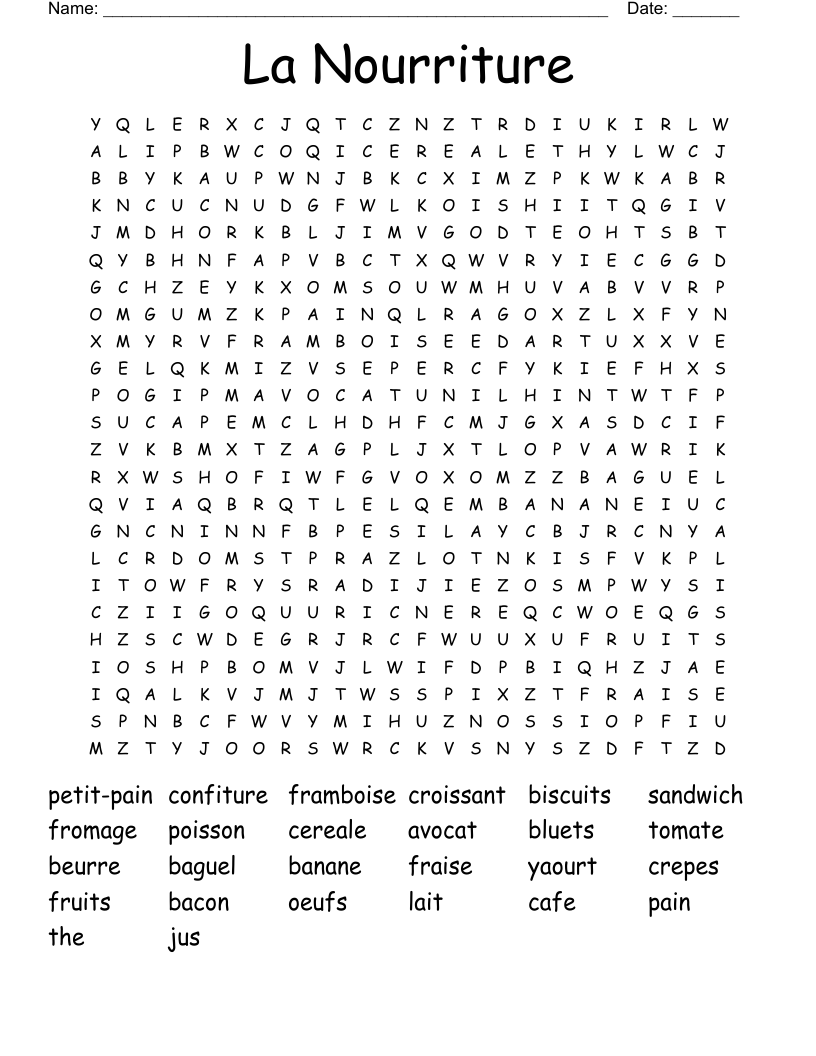 La Nourriture Word Search