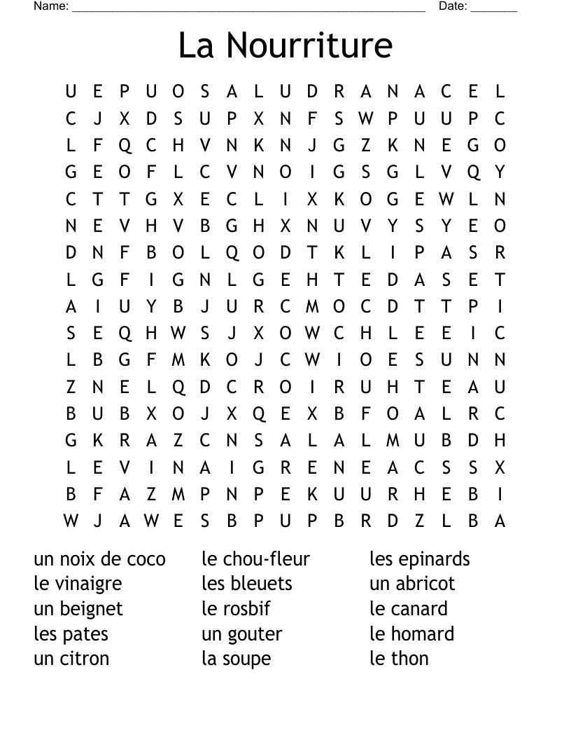 La Nourriture Word Search