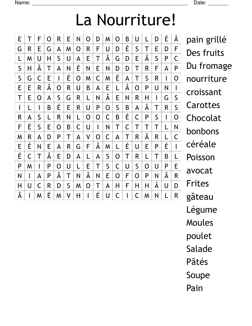 La Nourriture! Word Search
