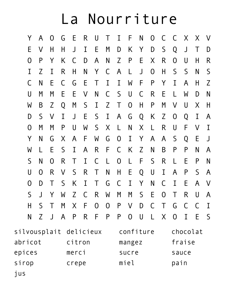 La Nourriture Word Search