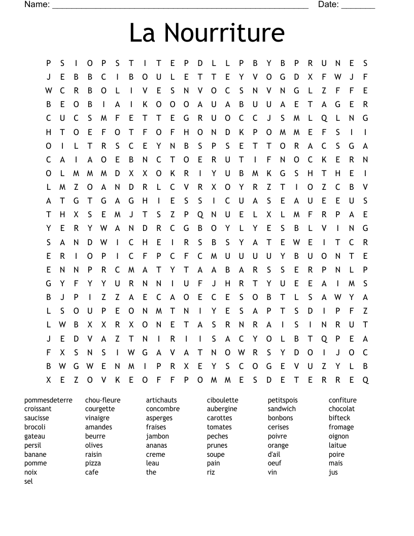 La Nourriture Word Search