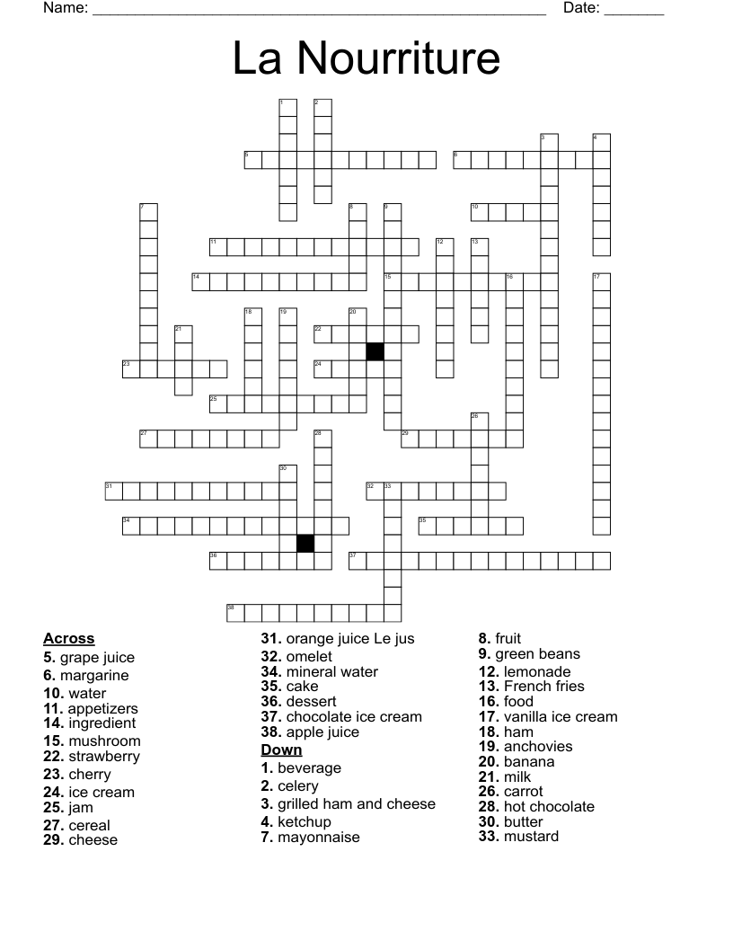 La Nourriture Crossword