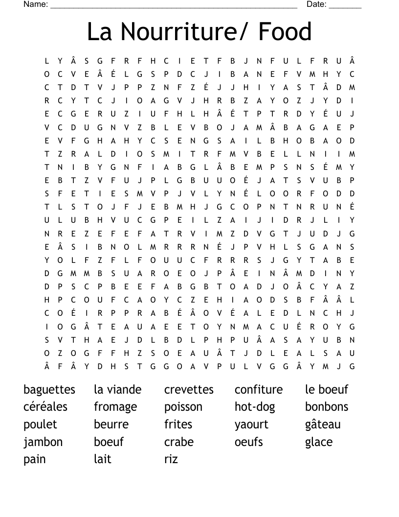 La Nourriture/ Food Word Search