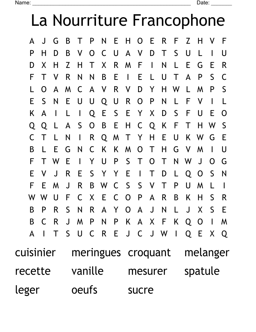 La Nourriture Francophone Word Search