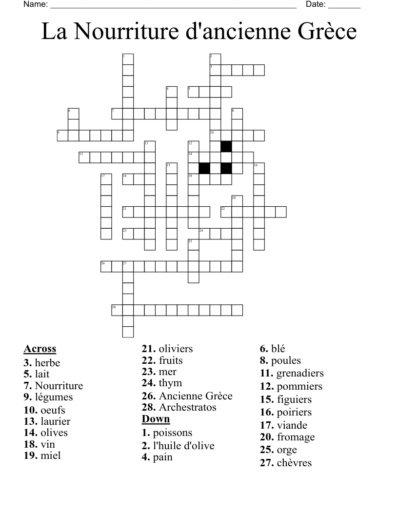 La Nourriture d'ancienne Grèce Crossword