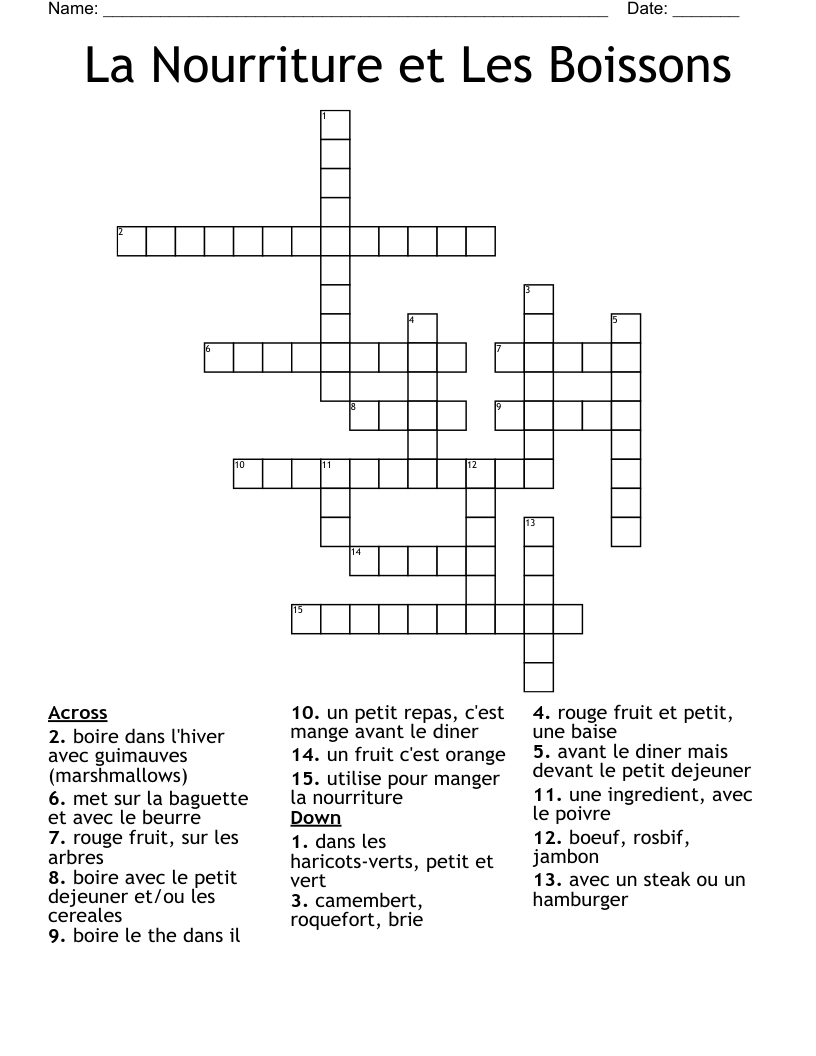 La Nourriture et Les Boissons Crossword