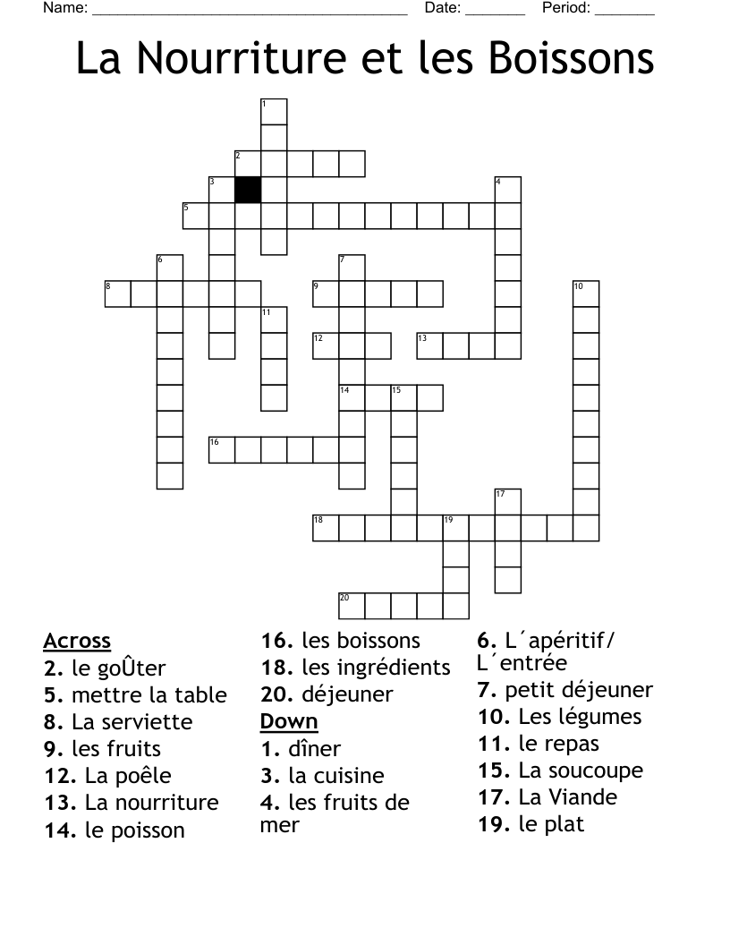 La Nourriture et les Boissons Crossword