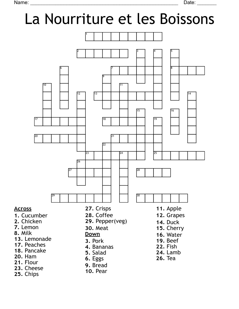 La Nourriture et les Boissons Crossword