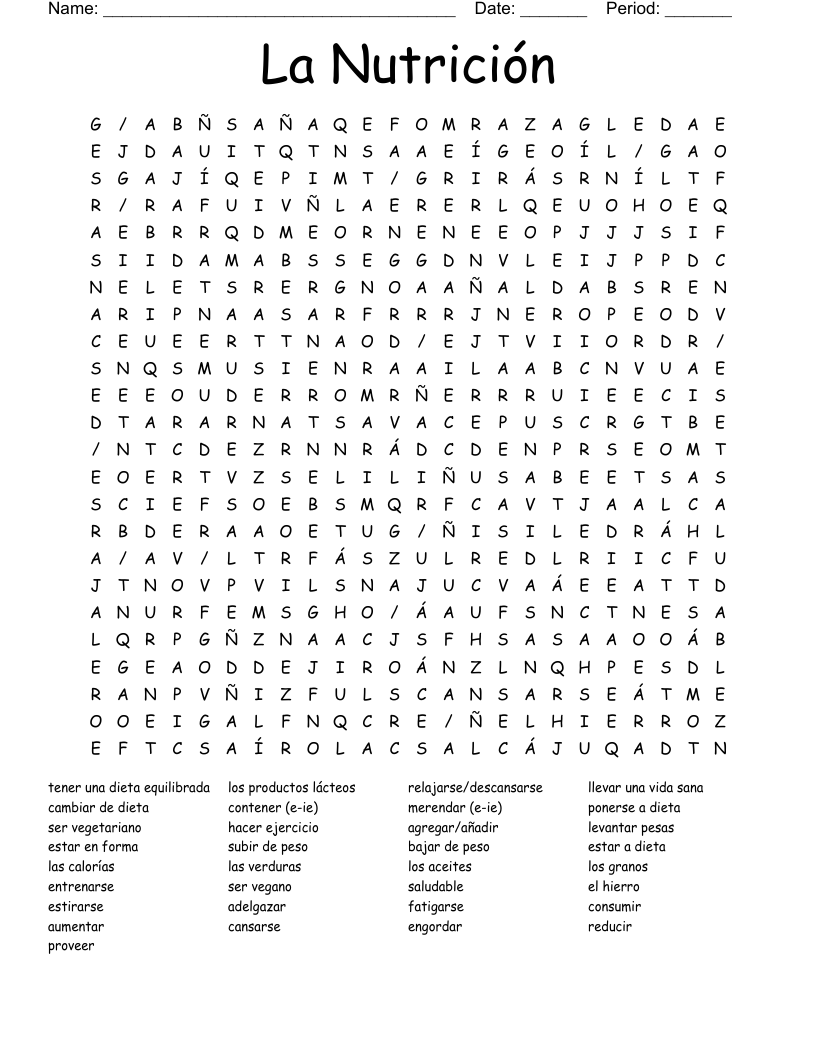 La Nutrición Word Search