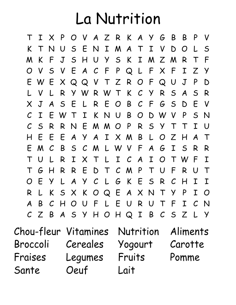 La Nutrition Word Search