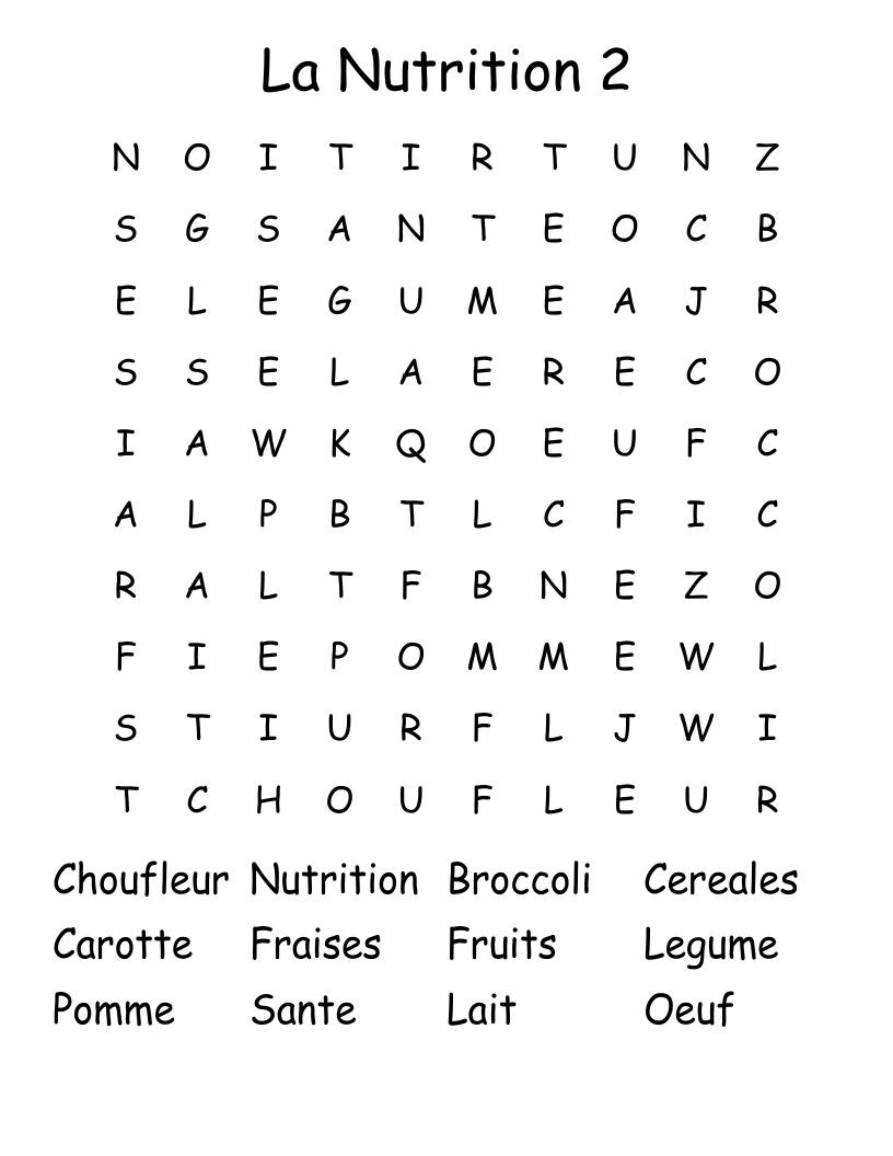 La Nutrition 2 Word Search