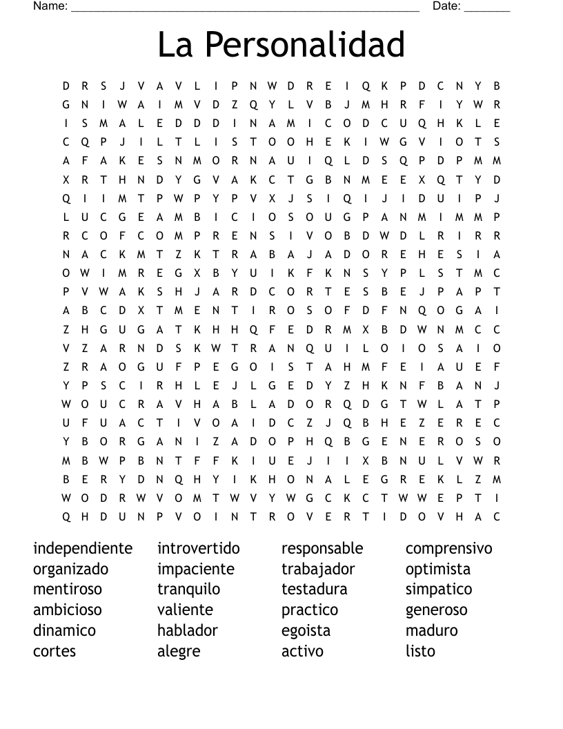 La Personalidad Word Search