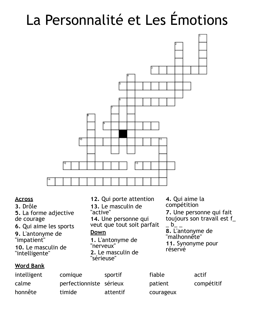 La Personnalité et Les Émotions Crossword