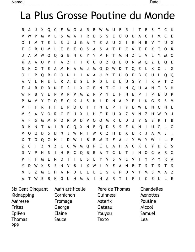 La Plus Grosse Poutine du Monde Word Search
