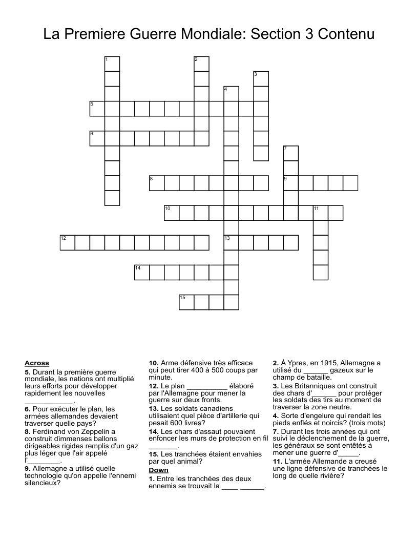 La Premiere Guerre Mondiale: Section 3 Contenu Crossword
